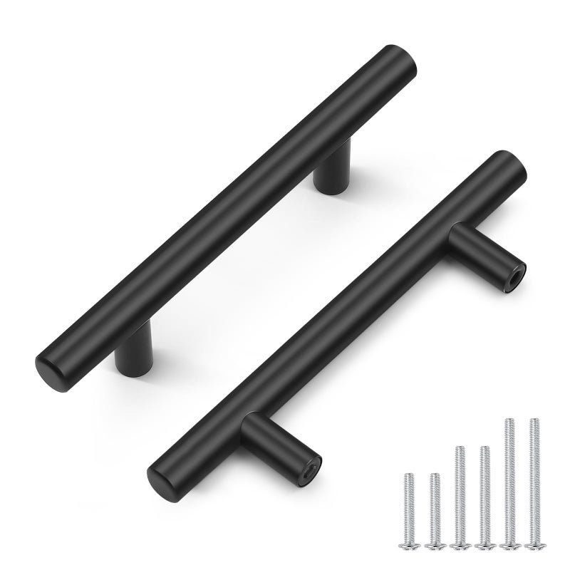 Probrico 5 Pack Holes Spacing(90mm) 3.5inch Flat Black Kitchen Cabinet Handles, Stainless Steel Dresser Drawer Pulls,6inch Length Euro T Bar Pull Handle for Closet - Image 1